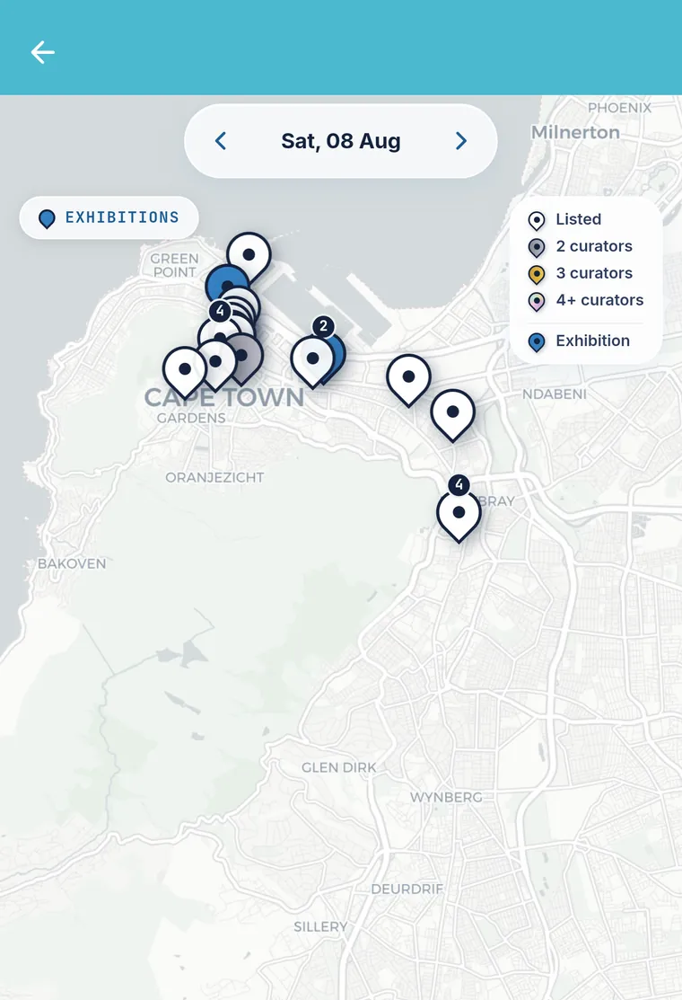 The Scene's live events map of Cape Town on a Saturday, with pins across Green Point, the city bowl, Gardens, Oranjezicht and Wynberg. A legend shows the curation ladder: listed, two curators, three curators, four or more curators, and exhibitions.